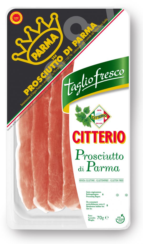 Citterio prosciutto di Parma PDO 12x70g. Sliced and packed in easy to display tray. Order now at cibosano.co.uk