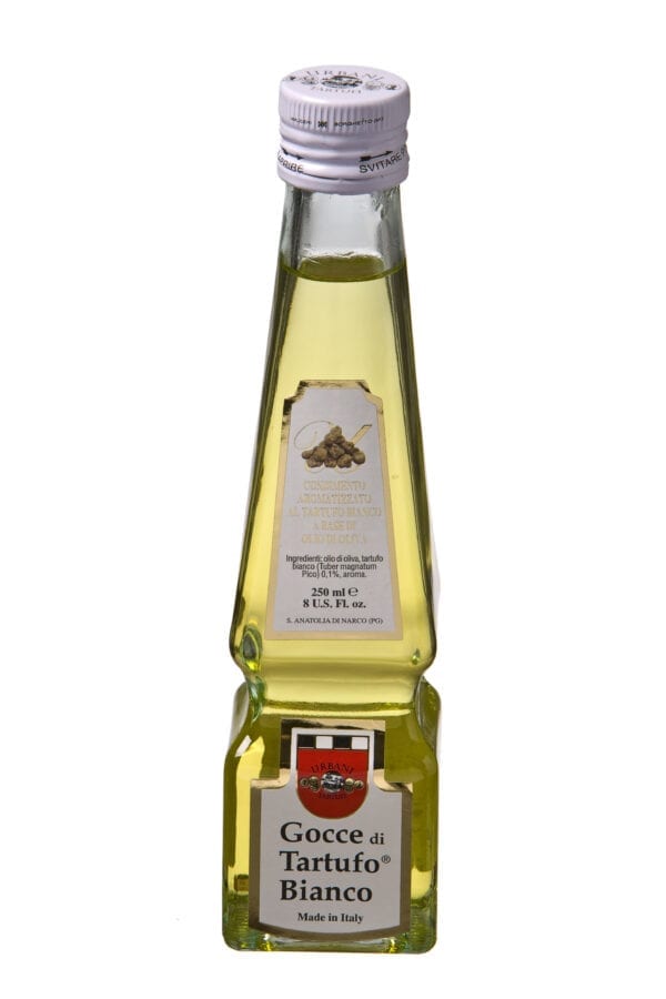 White truffle olive oil 'gocce'. Through the natural infusion of White Truffle, olive oil gains an intense and unique fragrance.