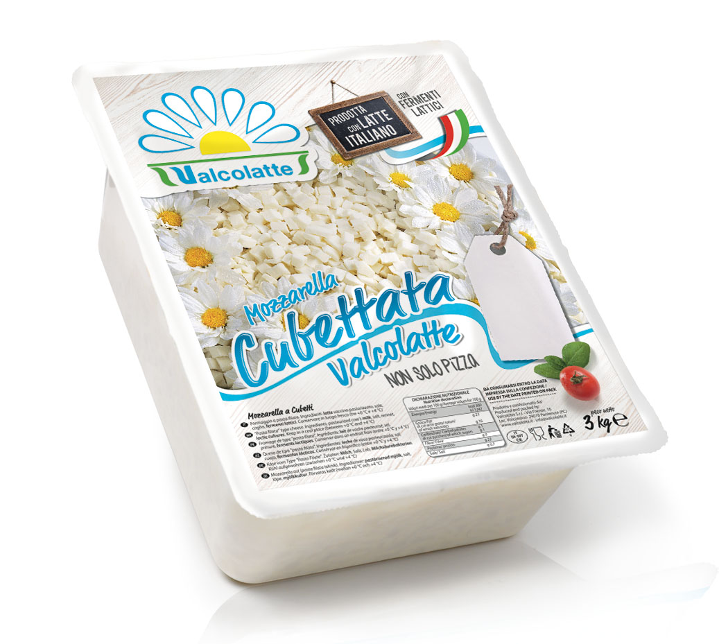 Valcolatte mozzarella fiordilatte cubed made with Italian milk. The farms, in Lombardy and Emilia-Romagna, supply 100% Italian cow's milk.