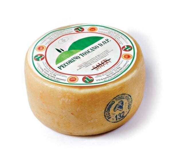 Salcis pecorino toscano seasoned PDO. The cheese is pale straw yellow in colour and has some irregular and well-distributed holes.