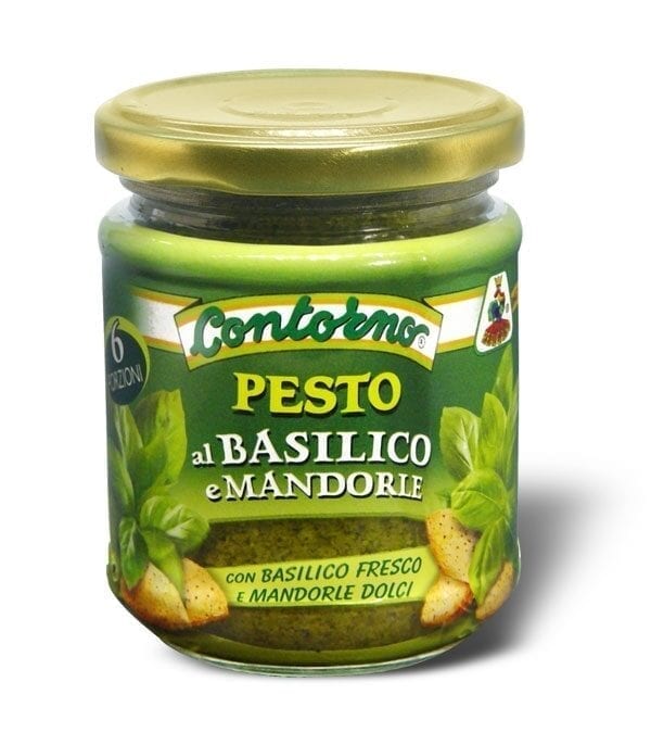 Contorno basil and almond pesto. Sicilian Pesto characterized by the full taste of basil, prepared exclusively with Italian basil & almonds.