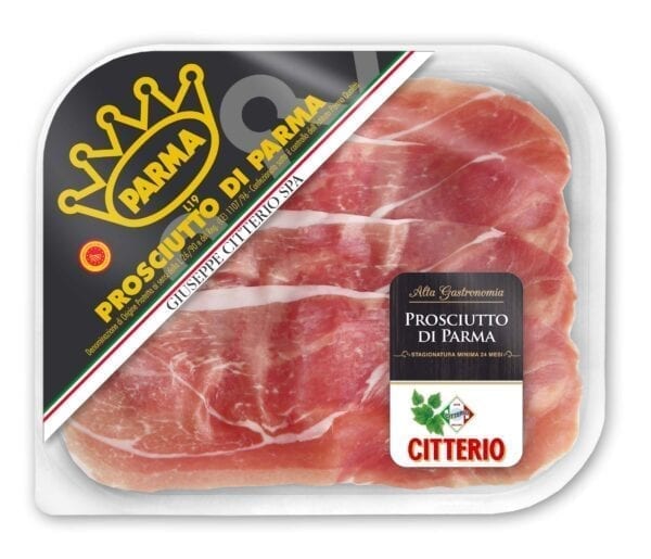 Citterio prosc. Parma PDO 24m sliced. Prosciutto di Parma 24 months sliced and packed in open and serve gastro tray.