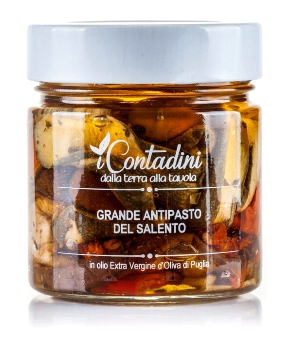 I Contadini grande antipasto Salento. Dry tomatoes, dried aubergines & zucchini, dried peppers, pitted "Leccina" olives, capers & hot pepper.