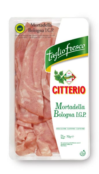 Citterio mortadella PGI tagliofresco 12x70g. Sliced and packed in an easy to display vertical tray. Order now