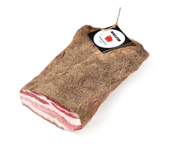 Salcis Tuscan pancetta 1.2kg. Cured pork belly with added freshly ground black pepper and left to hang dry.