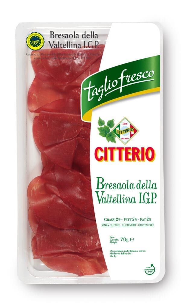 Citterio Bresaola PGI sliced 12x70g "Tagliofresco" looks like it has just been sliced; Only 2% fat. Sliced and packed in easy to display tray.