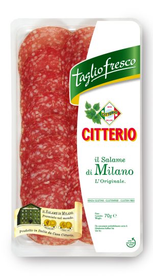 Citterio Milano salami sliced 12x70g. Sliced and packed in easy to display tray. Order now at cibosano.co.uk