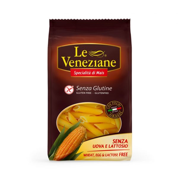 Le Veneziane penne rigate gluten free. Penne shaped gluten free pasta from Le Veneziane, made from 100% maize flour