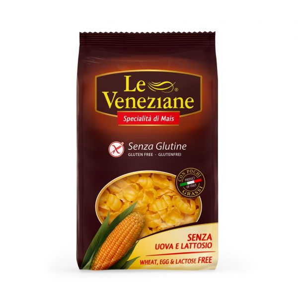 Le Veneziane gnocchi shells gluten free. Gluten free pasta gnocchi shells made from 100% maize flour which is also GM free