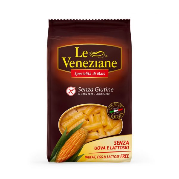 Le Veneziane rigatoni gluten free is a small tube shaped pasta that is slightly ribbed to allow the sauce you are using to stick much better.