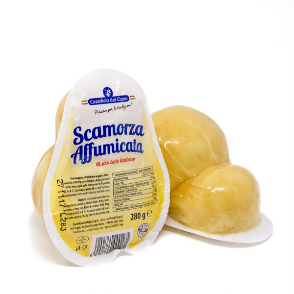 Valcolatte smoked scamorza 18x280g. Traditional scamorza, smoked over beechwood to add a delicate sweet note to its milky flavour.