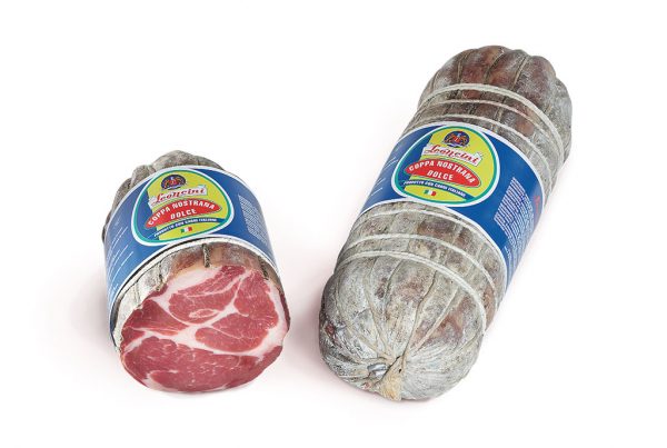 Leoncini coppa nostrana. Marinated with white wine, salt and black peppercorns, hand tied, and cured for at least 4-6 months.