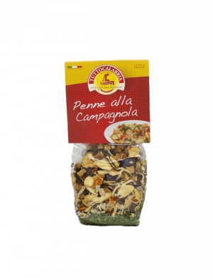 Penne campagnola mix. Pasta condiment with aubergines, zucchini, pumpkin, pepper, onion, garlic, salt, parsley.