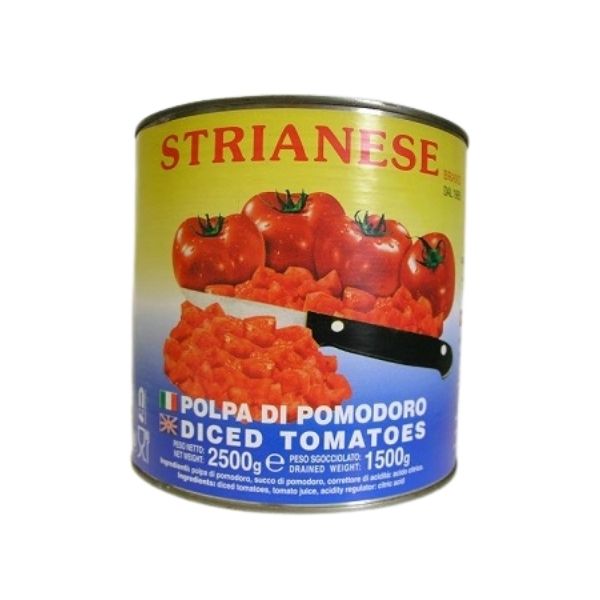 Rega polpa di pomodoro 6x2.5kg. Diced tomatoes in tomato juice in 2.5kg tin. Order now at www.cibosano.co.uk