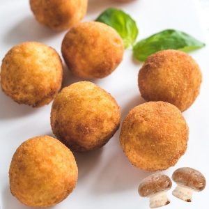 Frozen mini Sicilian arancini mushroom rice balls MIGNON pre-fried in sunflower oil. 30g each, in a box of 5kg with 165 pieces approximately.