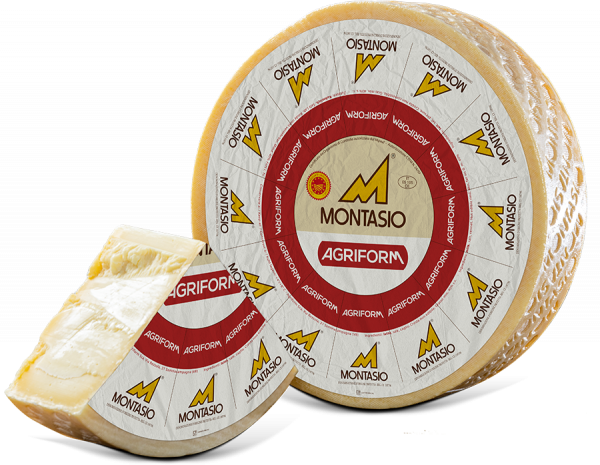 Agriform Montasio Mezzano. A semi-hard cooked cheese, compact, white or straw-yellow in colour with regular uniform holes.