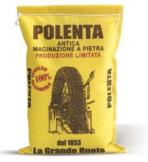 Grande Ruota polenta antica macinazione. Classic yellow polenta with 100% Italian vitreous corn, contains germ and bran for a healthy diet.