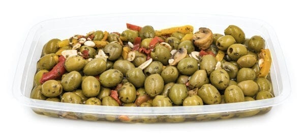 Olives boscolo' green. Typical of the southern Italy regions, these olives are prepared with mushrooms, peppers and parsley preserved in oil.