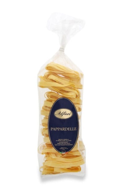 Alfieri egg pappardelle are made from the very best extra quality durum wheat semolina, brighter yellow colour than standard Semolina.