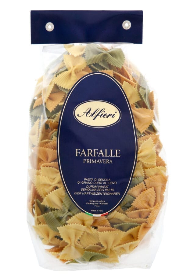 Alfieri farfalle primavera are made from the very best extra quality durum wheat semolina, brighter yellow colour than standard Semolina.