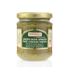 Minasso green olive pate' tapanade is expertly made with Green Olives and Ligurian Extra Virgin Olive Oil.