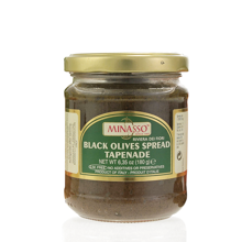 Minasso black olive pate' tapanade is expertly made with Black Olives and Ligurian Extra Virgin Olive Oil.
