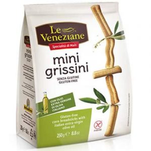 Le Veneziane mini grissini gluten free. Made from Corn Flour and Extra Virgin Olive Oil. These are perfect with cold meats and cheeses.