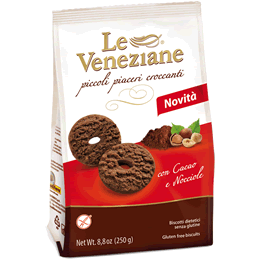Le Veneziane cocoa/hazelnut biscuits GF 9x250g. Gluten Free biscuits with cocoa and hazelnuts. Order now at cibosano.co.uk