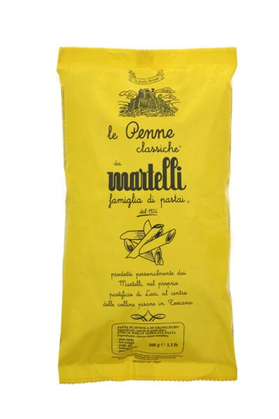 Martelli penne. Only the best Italian durum wheat semolina, cold water & bronze dyes are used to produce this artisan pasta.