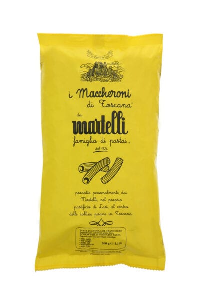 Martelli maccheroni. Only the best Italian durum wheat semolina, cold water & bronze dyes are used to produce this exceptional artisan pasta.