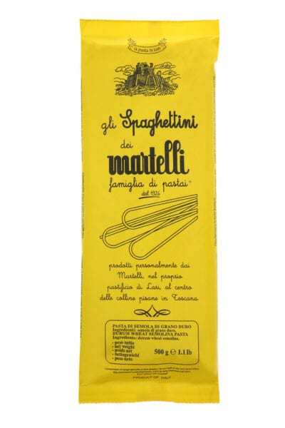 Martelli spaghettini. Only the best Italian durum wheat semolina, cold water & bronze dyes are used to produce this artisan pasta.