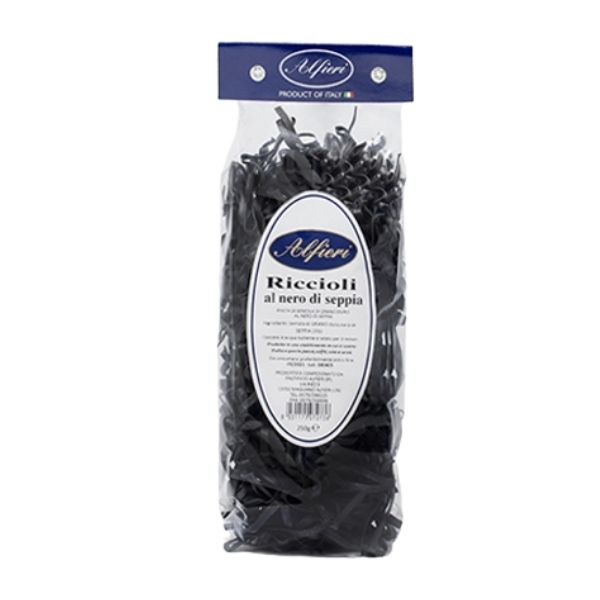 Alfieri riccioli squid ink are made from the very best extra quality durum wheat semolina, brighter yellow colour than standard Semolina.