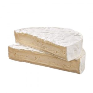 Brie cheese. A soft cow's-milk cheese. It is pale in colour with a slight greyish tinge under a rind of white mould.
