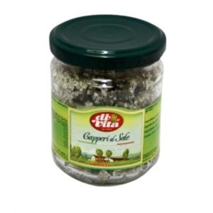 Di Vita capers in salt. They have a lovely grassy, earthy and slightly floral flavour with a great texture but without the flavour of brine.