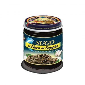 Isola Doro black ink squid sauce. This squid ink convenient sauce contains small pieces of squid dipped in the velvety taste of the squid ink