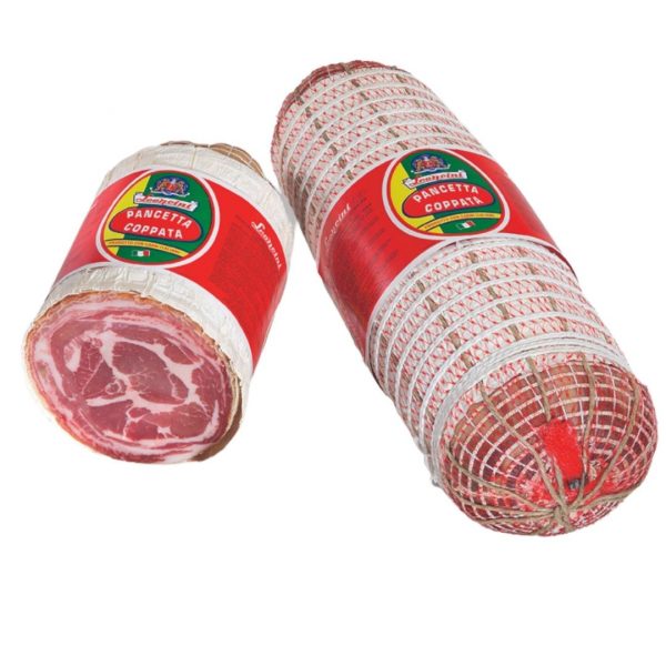 Leoncini pancetta coppata. Produced using collar loins then rolled with pork bellies, salted and cured for minimum 4 months.