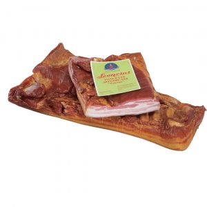 Leoncini smoked pancetta Trieste. Produced by using flat pork bellies, without cartilage, dry cured and smoked with beech wood.