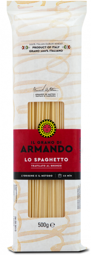 Armando spaghetti. 100% Italian durum wheat semolina and water, rough died and slow-dried. Armando’s wheat is made using only two ingredients