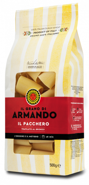 Armando paccheri. 100% Italian durum wheat semolina and water, rough died and slow-dried. Armando’s wheat is made using only two ingredients