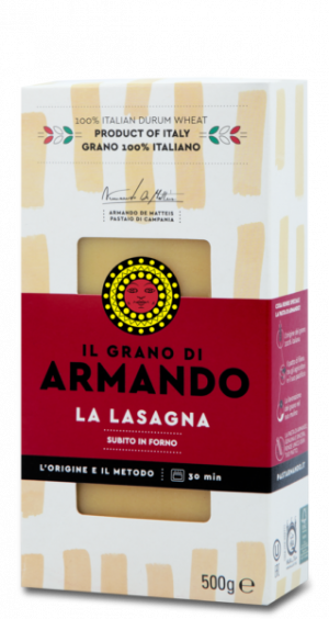 Armando lasagne. 100% Italian durum wheat semolina and water, rough died and slow-dried. Armando’s wheat is made using only two ingredients