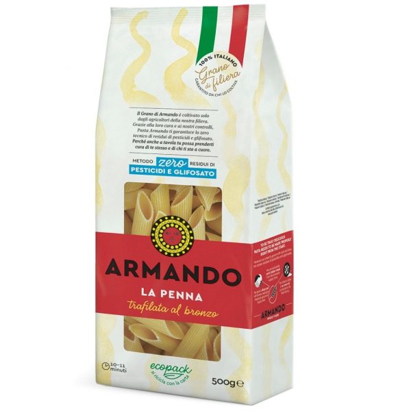 Armando penne. 100% Italian durum wheat semolina and water, rough died and slow-dried. Armando’s wheat is made using only two ingredients