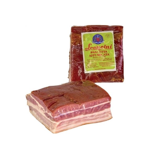 Pancetta affumicata tesa Trieste. Produced by using flat pork bellies, without cartilage, dry cured and smoked with beech wood.