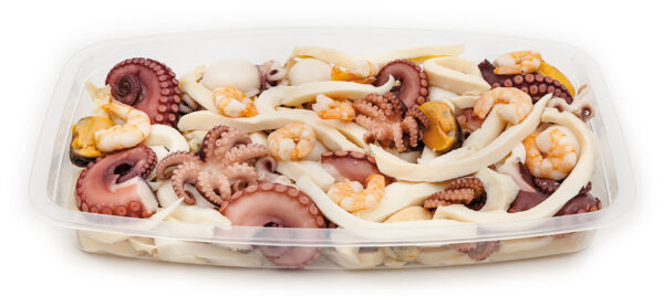 Seafood salad 'Puglia' in oil. Fine seafood salad with octopus and cuttlefish, squid, mussels and shrimp seasoned with sunflower oil.