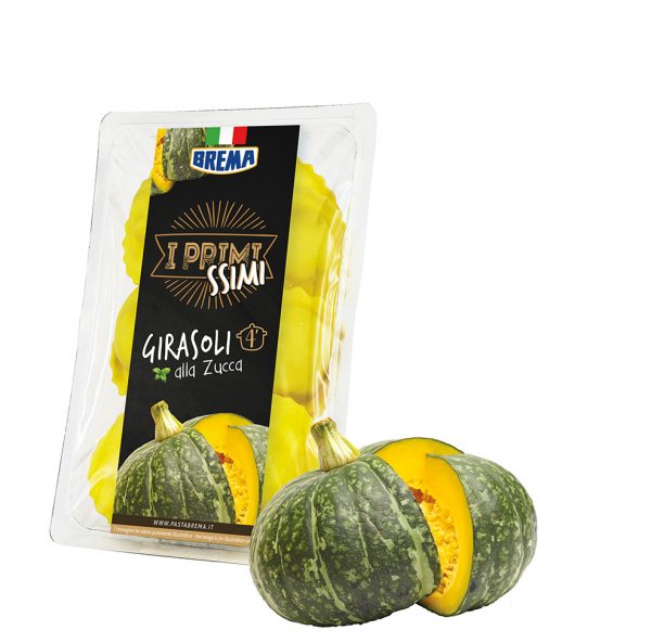Brema girasoli pumpkin Primissimi, original and authentic flavours, filled in round shaped egg pasta parcels.