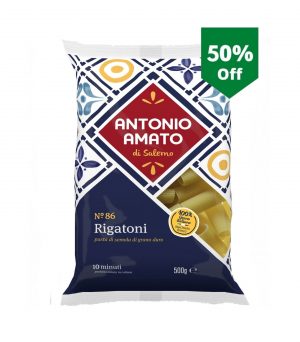 Antonio Amato rigatoni N.86 24x500g. Durum wheat semolina rigatoni pasta. Order now at cibosano.co.uk. SALE 50% OFF!