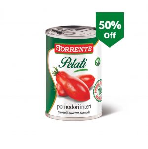 La Torrente pomodori pelati. Produced with long fleshy and not watery Italian tomatoes. Flavour of summer at anytime of year. SALE 50% OFF