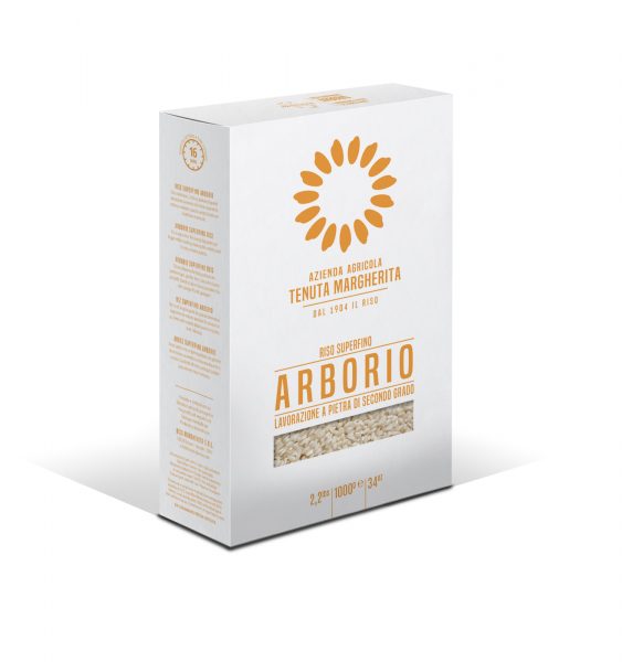 Riso Margherita arborio. The pearly big grains get bigger while cooking, making this variety ideal for a very creamy risotto.