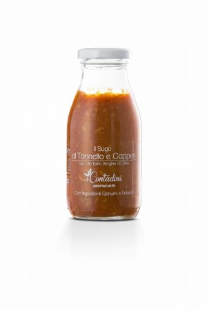 I Contadini sauce tonnetto & capers. The best tuna caught in the Mediterranean and capers of Salento are immersed in this fresh tomato puree