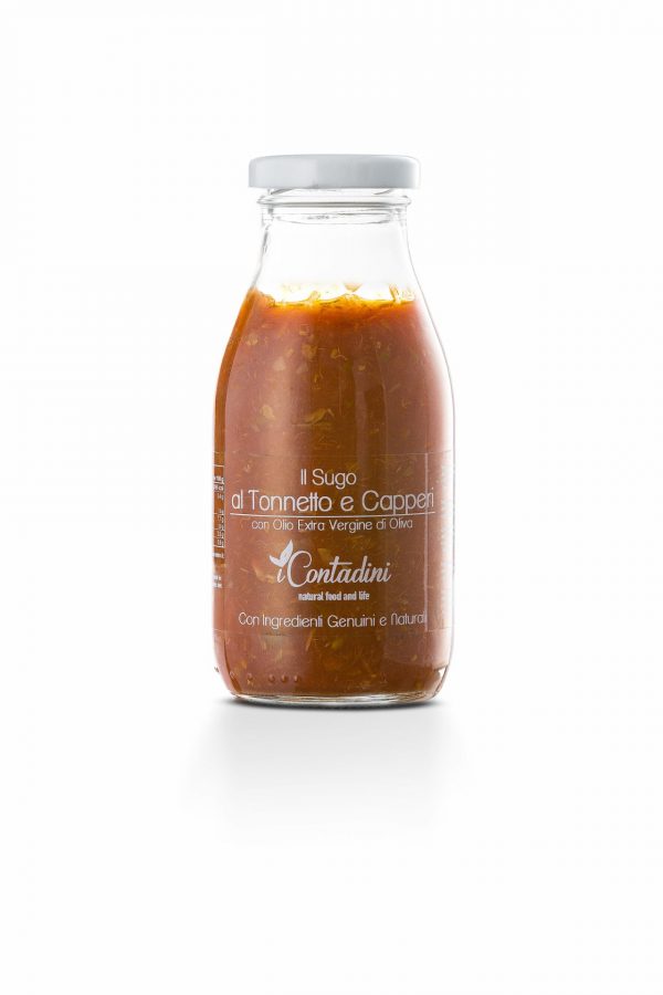 I Contadini sauce tonnetto & capers. The best tuna caught in the Mediterranean and capers of Salento are immersed in this fresh tomato puree