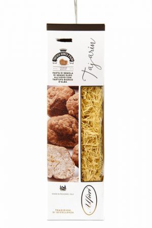 Egg Tajarin ribbon pasta, traditionally made in Piemonte Italy and flavoured with White Alba Truffles. Packaged in a fine display box.